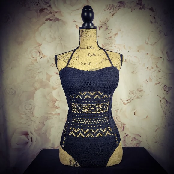 NWOT Black Fishnet One Piece Halter Bathing Suit - Picture 1 of 14